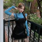 Lace Trim Strappy A-line Dress / Plain Long-sleeve T-shirt