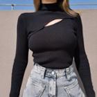 Turtleneck Plain Split Knit Top Black - One Size