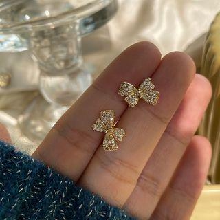 Rhinestone Bow Sterling Silver Ear Stud 1 Pair - Gold - One Size