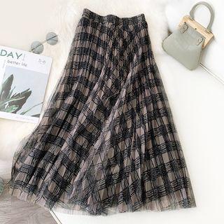 Plaid Midi A-line Mesh Dress