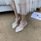 Faux Pearl Ribbon Ankle-strap Flat Lace Sandals
