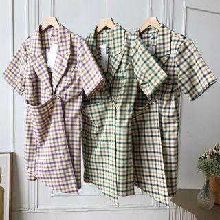 Short-sleeve Plaid Asymmetric Dress