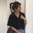 Plain Elbow Sleeve Notch Lapel Shirt