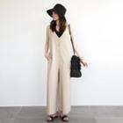 Sleeveless Buttoned Linen Blend Jumpsuit