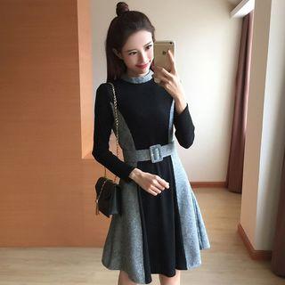 Long-sleeve Belted Panel Dress
