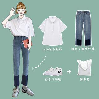 Collared Elbow-sleeve T-shirt / Color Block Cropped Straight-fit Jeans