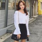 V-neck Off-shoulder Bell-sleeve Blouse