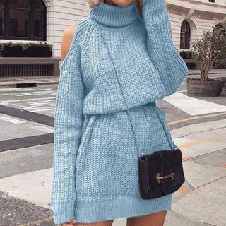 Cold-shoulder Turtleneck Mini Sweater Dress