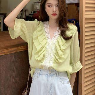 Wood Ear Trim Panel V-neck Chiffon Top Light Green - One Size