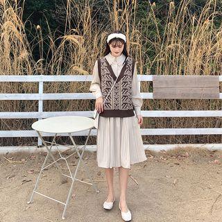 Long-sleeve Midi Knit Pleated Dress + V-neck Knit Vest