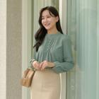 Stand-collar Lace-trim Pintuck Blouse