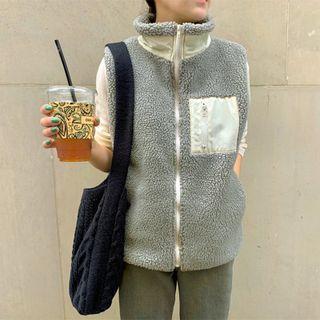 Sleeveless Stand-collar Color-block Fleece Tank Top