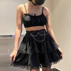 Set: Ribbon Accent Cropped Camisole Top + Tiered Mini Skirt