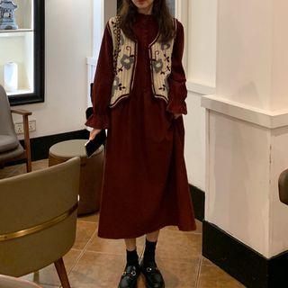 Floral Button-up Vest / Plain Midi A-line Dress