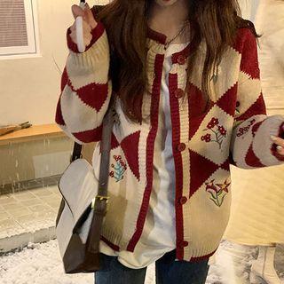 Floral Embroidered Argyle Cardigan