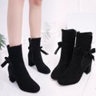 Bow Faux Suede Block Heel Short Boots