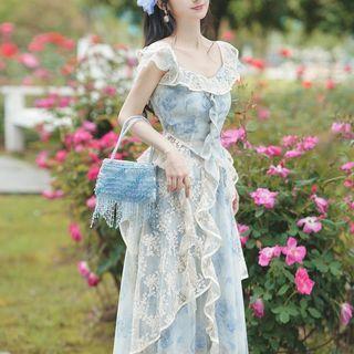 Set: Sleeveless Ruffled Top + Lace Midi A-line Skirt