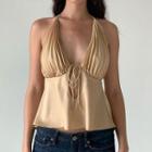 Halter-neck Ruched Tie-front Crop Camisole Top