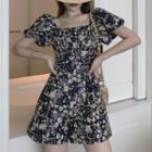 Floral Puff-sleeve Square-neck Playsuit