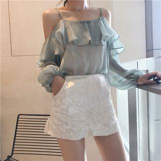 Long-sleeve Cold-shoulder Ruffle-trim Blouse As Shown In Figure - One Size