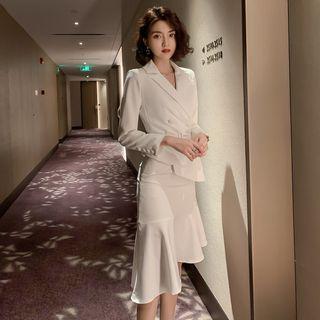 Set: Asymmetric Hem Blazer + Ruffle Hem Pencil Skirt