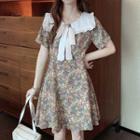 Short-sleeve Flower Print A-line Dress Floral - Blue & Pink & Green - One Size