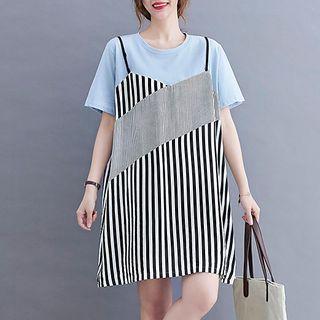 Elbow-sleeve Striped Panel A-line Dress Stripe - Black & White - One Size