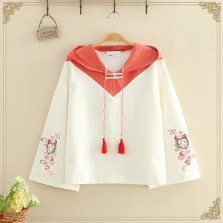 Fox Embroidered Color-block Hoodie With Tassel