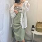 Sleeveless Polka Dot Top / Shirred A-line Skirt / Light Jacket