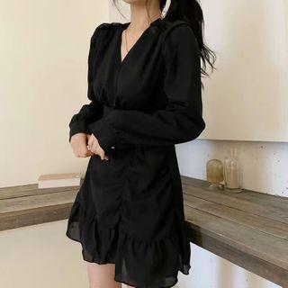 Long-sleeve Frill Trim Mini Sheath Chiffon Dress Black - One Size