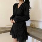 Long-sleeve Frill Trim Mini Sheath Chiffon Dress Black - One Size