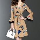 V-neck Butterfly Print 3/4 Sleeve A-line Dress