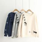 Cat Embroidered Lace-up Fleece-lined Long-sleeve Sweater