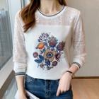 Floral Print Puff-sleeve Lace T-shirt