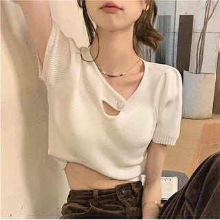 Asymmetrical Short-sleeve Keyhole Ribbed Knit Top Beige - One Size