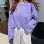 Long-sleeve Moon Embroidery Cropped T-shirt