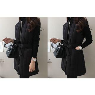 Zip-up Knit-trim Padded Vest With Sash