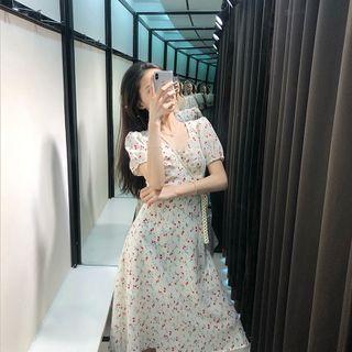 Square-neck Floral Chiffon A-line Dress
