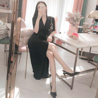 Short-sleeve Sashed Midi A-line Knit Dress