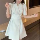 Short-sleeve Peak Collar Buttoned Waist Mini A-line Dress