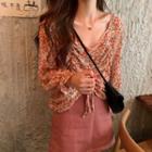 Floral Drawstring Long-sleeve Blouse As Figure - One Size
