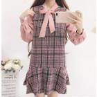 Long-sleeve Plaid Mock Two-piece Dress As Shown In Figure - One Size