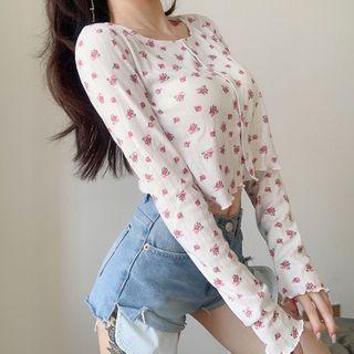 Long-sleeve Buttoned Floral Print Crop Top