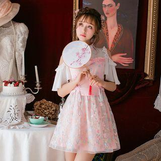 Flower Embroidered Cut Out Shoulder Short Sleeve A-line Qipao