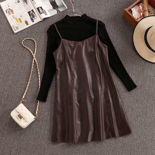 Set: Faux Leather Strappy A-line Dress + Mock-neck Top