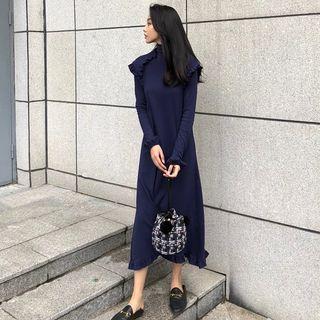 Frill Trim Long-sleeve Turtleneck Midi Dress