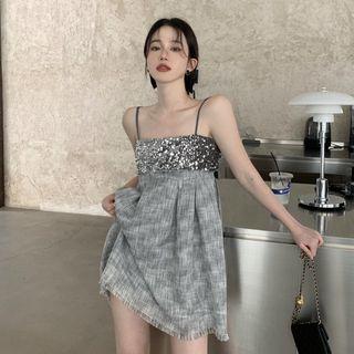 Spaghetti-strap Sequin Mini A-line Dress Gray - One Size