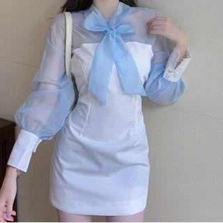 Bow-accent Tulle Panel Sheath Dress