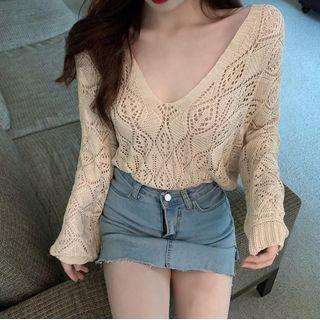 Chain Open-back Long-sleeve Knit Top