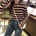 Striped Mock Turtleneck Long Sleeve T-shirt Stripe - Black & Pink - One Size